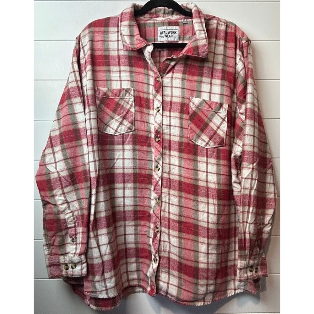 Real Work Wear Button Plaid‎ Shirt Women's 2X Comfort Fit Red